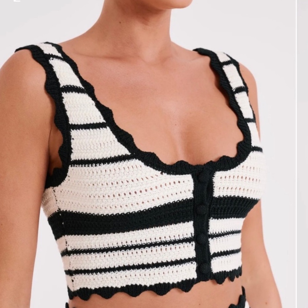 Meshki Black and White Striped Crochet Crop Top